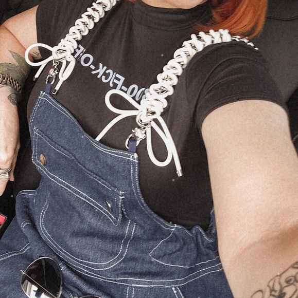 RARE DARK BLUE BOW DENIM JEAN DRESS W SILVER CHAINS MINI DRESS HEART FLOWER BOW - Picture 7 of 8